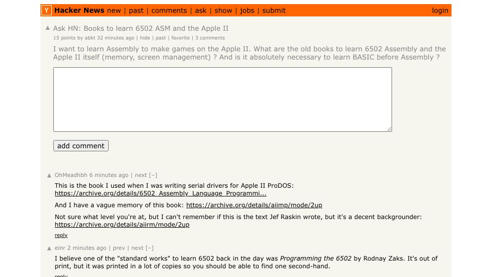 Screenshot of Hacker News post: Ask HN: Books to learn 6502 ASM and the Apple II