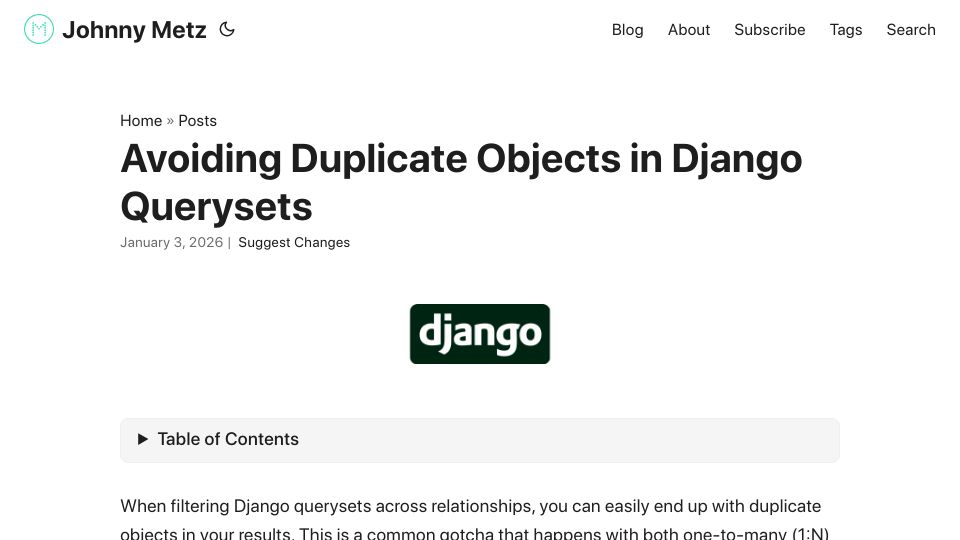 Screenshot of johnnymetz.com: Avoiding duplicate objects in Django querysets