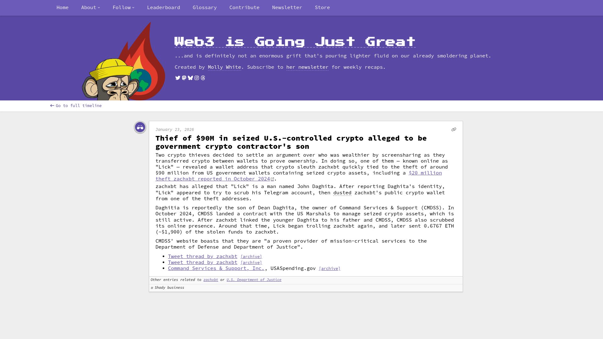 Screenshot of web3isgoinggreat.com: Thief of $90M in seized U.S.-controlled crypto is gov't contractor's son