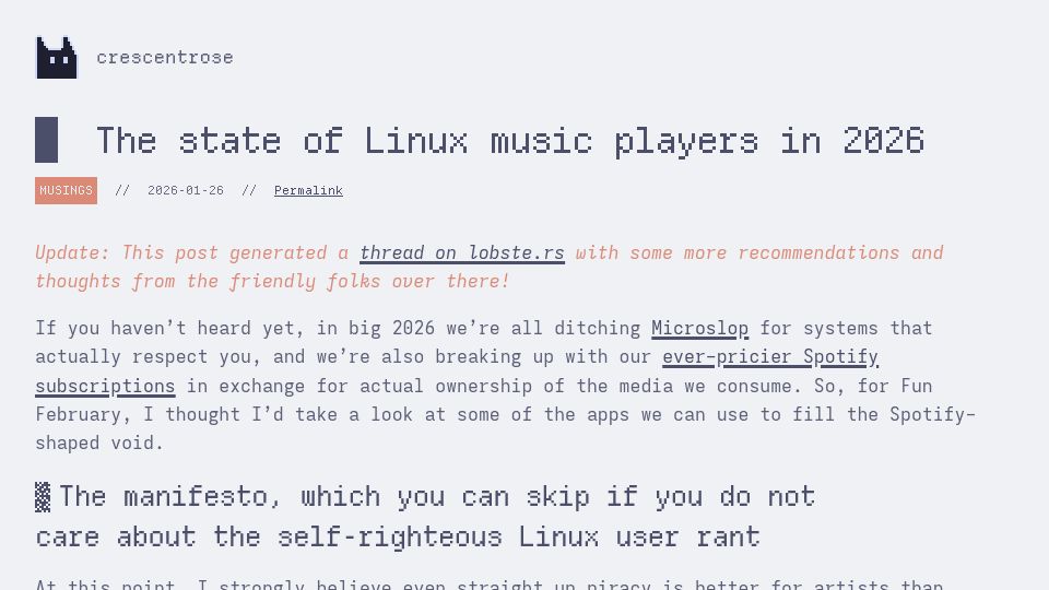 Screenshot of crescentro.se: The state of Linux music players in 2026