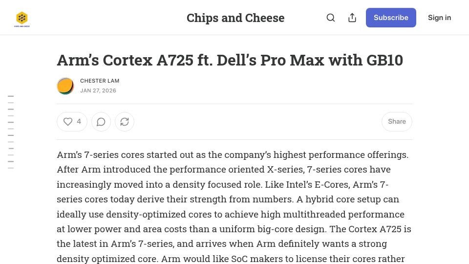 Screenshot of chipsandcheese.com: Arm's Cortex A725 Ft. Dell's Pro Max with GB10