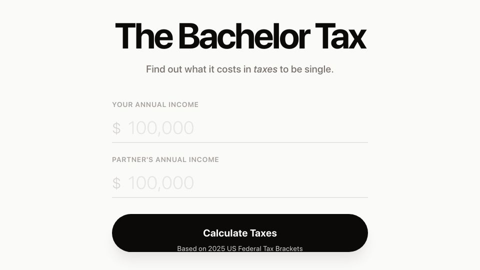 Screenshot of bachelor-tax.vercel.app: The bachelor tax – what it costs in taxes to be single