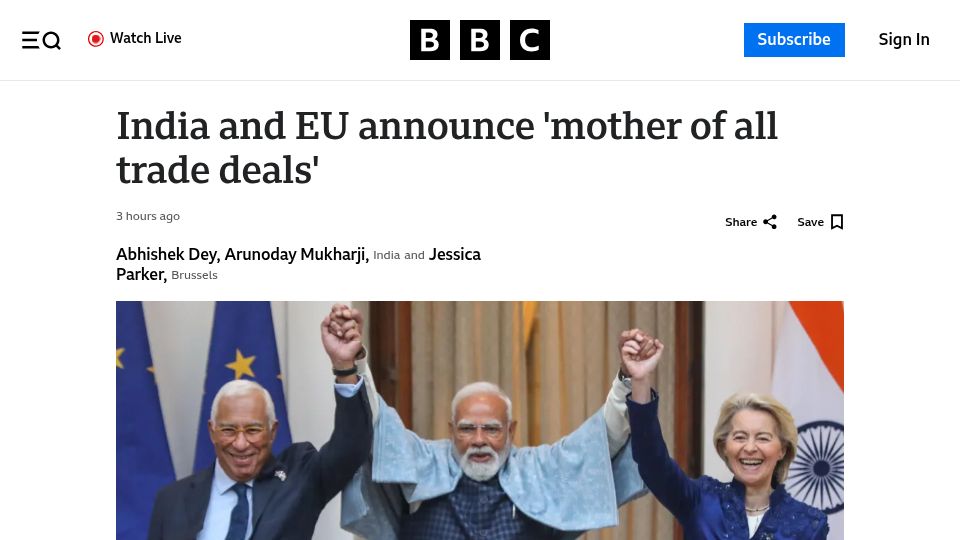 Screenshot of bbc.com: India and EU announce landmark trade deal