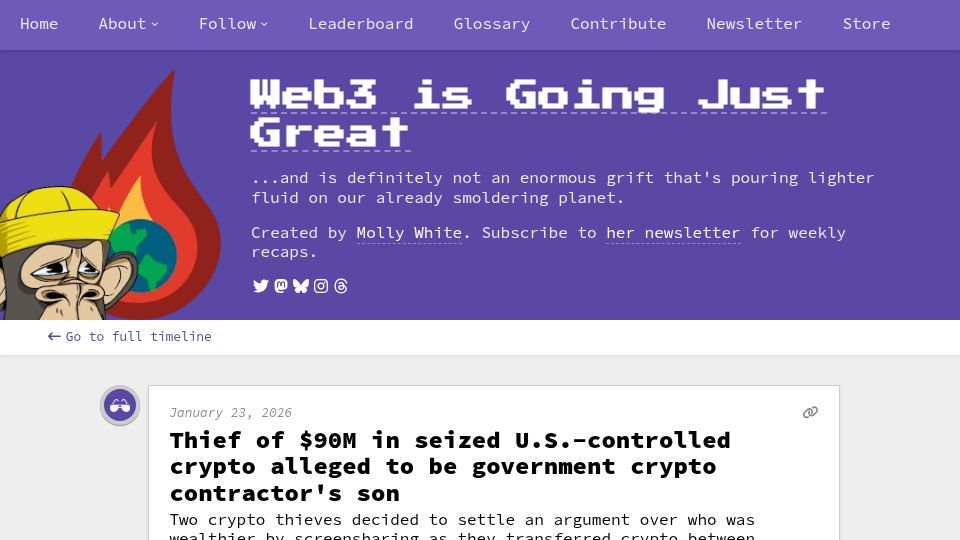 Screenshot of web3isgoinggreat.com: Thief of $90M in seized U.S.-controlled crypto is gov't contractor's son