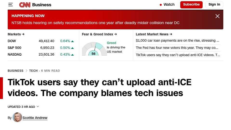Screenshot of cnn.com: TikTok users can't upload anti-ICE videos. The company blames tech issues