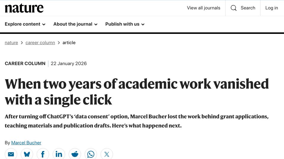 Screenshot of nature.com: When two years of academic work vanished with a single click