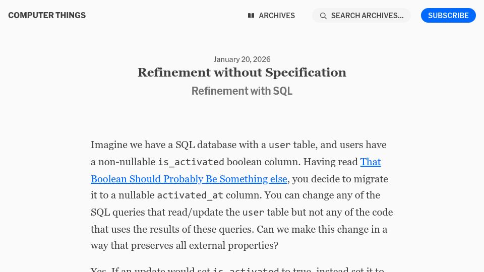 Screenshot of buttondown.com: Refinement Without Specification