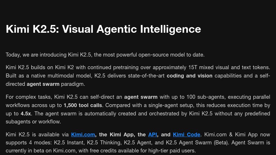Screenshot of kimi.com: Kimi Released Kimi K2.5, Open-Source Visual SOTA-Agentic Model
