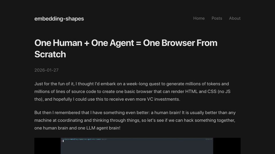 Screenshot of emsh.cat: Show HN: One Human + One Agent = One Browser From Scratch in 20K LOC