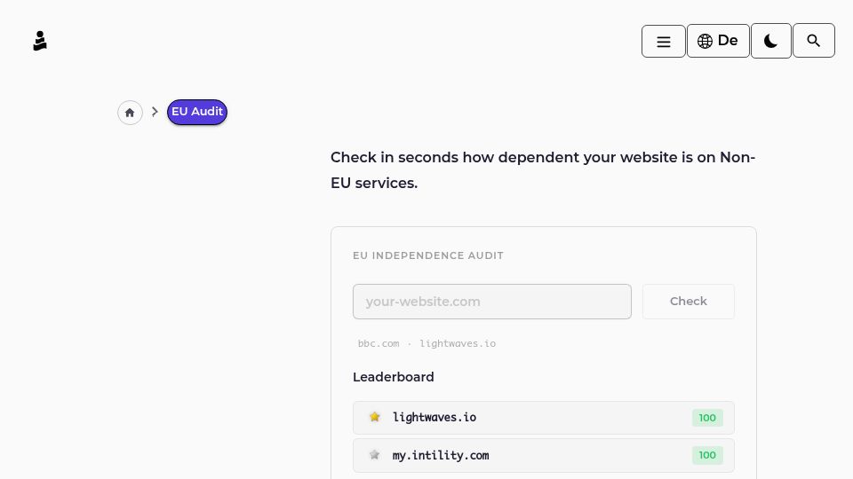 Screenshot of lightwaves.io: Show HN: We Built the 1. EU-Sovereignty Audit for Websites