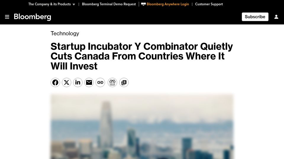 Screenshot of bloomberg.com: Startup Incubator Y Combinator Cuts Canada from Countries Where It Will Invest