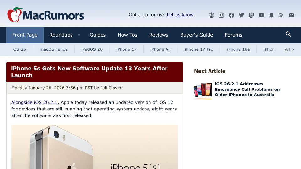 Screenshot of macrumors.com: iPhone 5s Gets New Software Update 13 Years After Launch