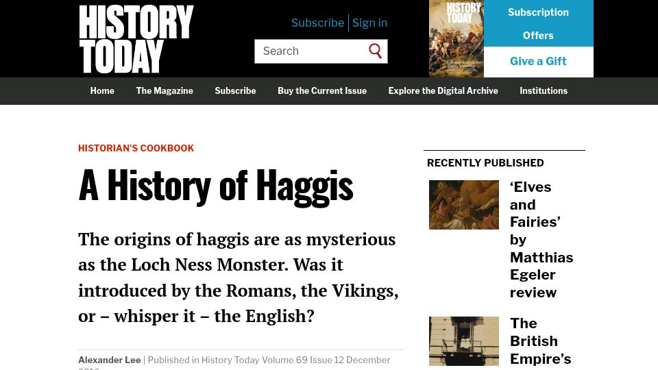 Screenshot of historytoday.com: A History of Haggis (2019)