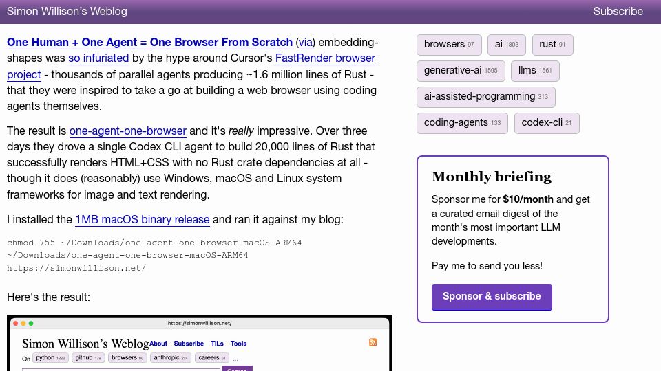 Screenshot of simonwillison.net: One Human and One Agent = One Browser from Scratch