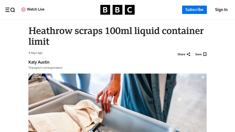 Screenshot of bbc.com: Heathrow scraps liquid container limit