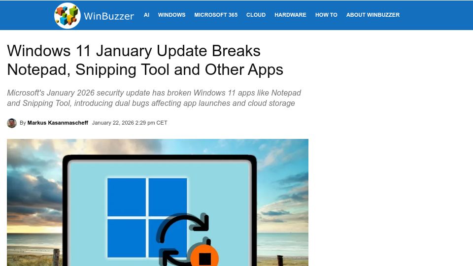 Screenshot of winbuzzer.com: Windows 11 January Update Breaks Notepad