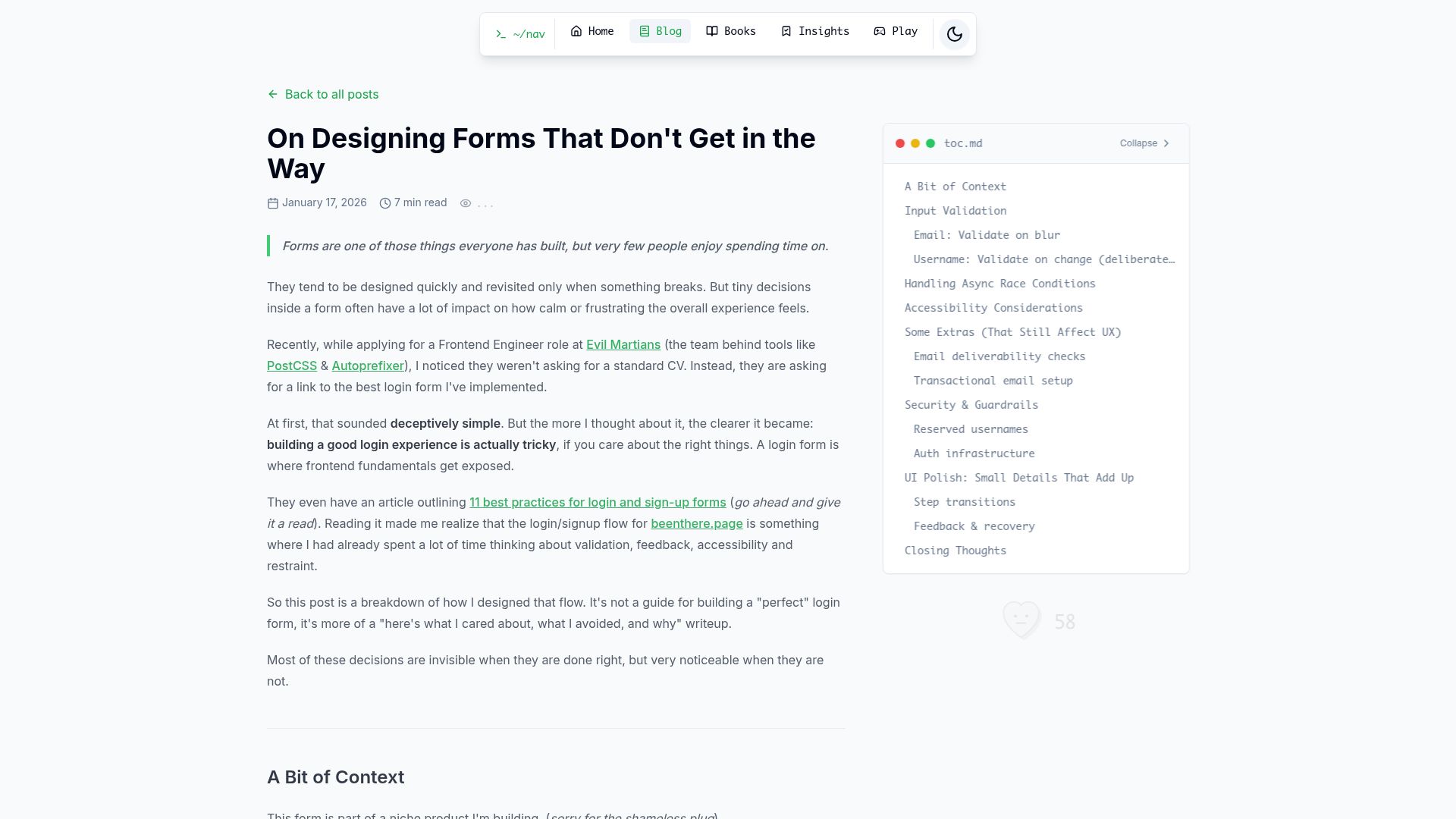 Screenshot of souravinsights.com: Designing Forms That Don't Get in the Way