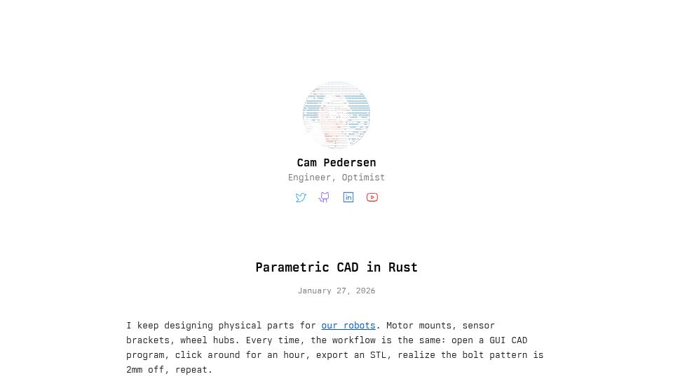 Screenshot of campedersen.com: Parametric CAD in Rust