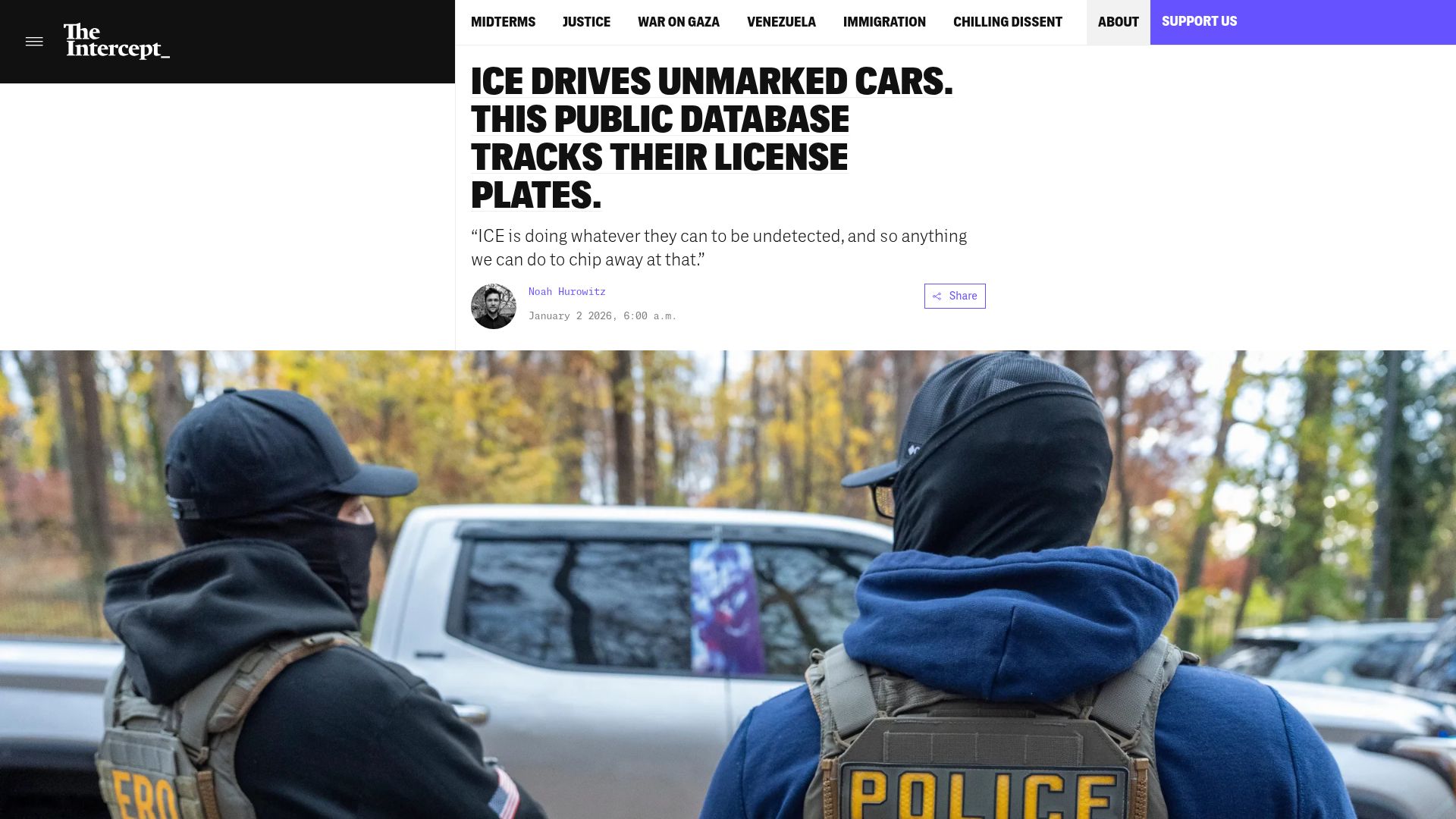 Screenshot of theintercept.com: Ice Drives Unmarked Cars. This Public Database Tracks Their License Plates