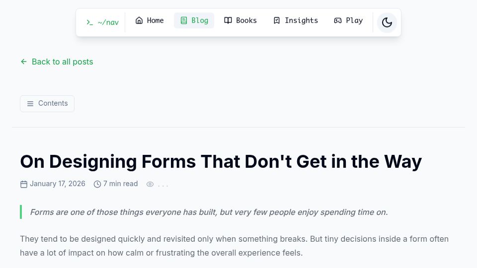 Screenshot of souravinsights.com: Designing Forms That Don't Get in the Way