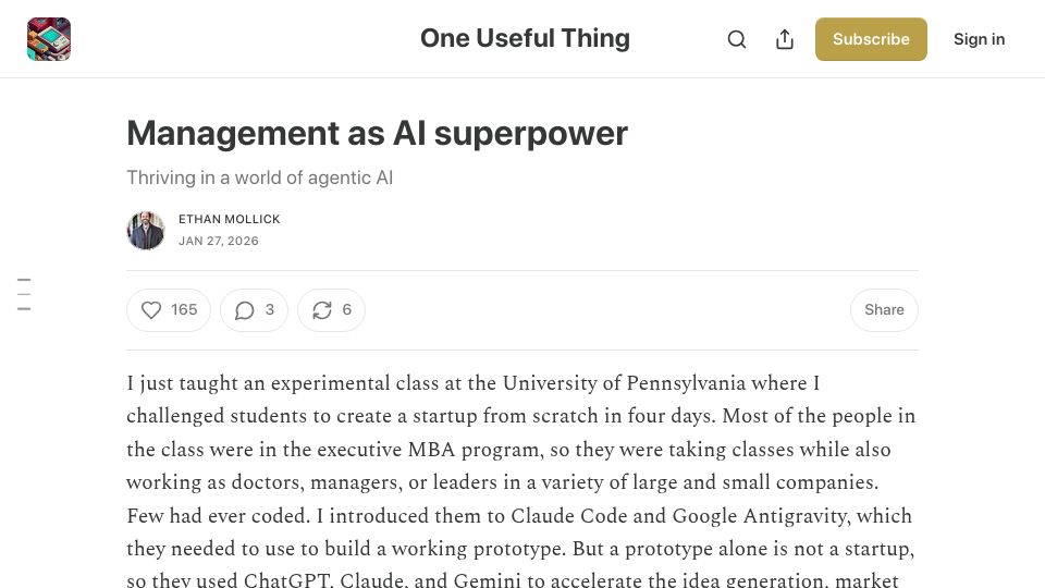 Screenshot of oneusefulthing.org: Management as AI superpower: Thriving in a world of agentic AI