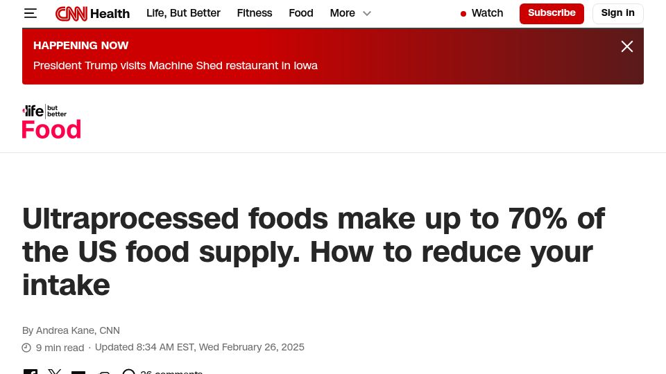 Screenshot of cnn.com: Ultraprocessed foods make up to 70% of the US food supply