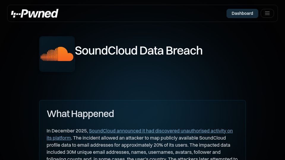 Screenshot of haveibeenpwned.com: SoundCloud Data Breach Now on HaveIBeenPwned