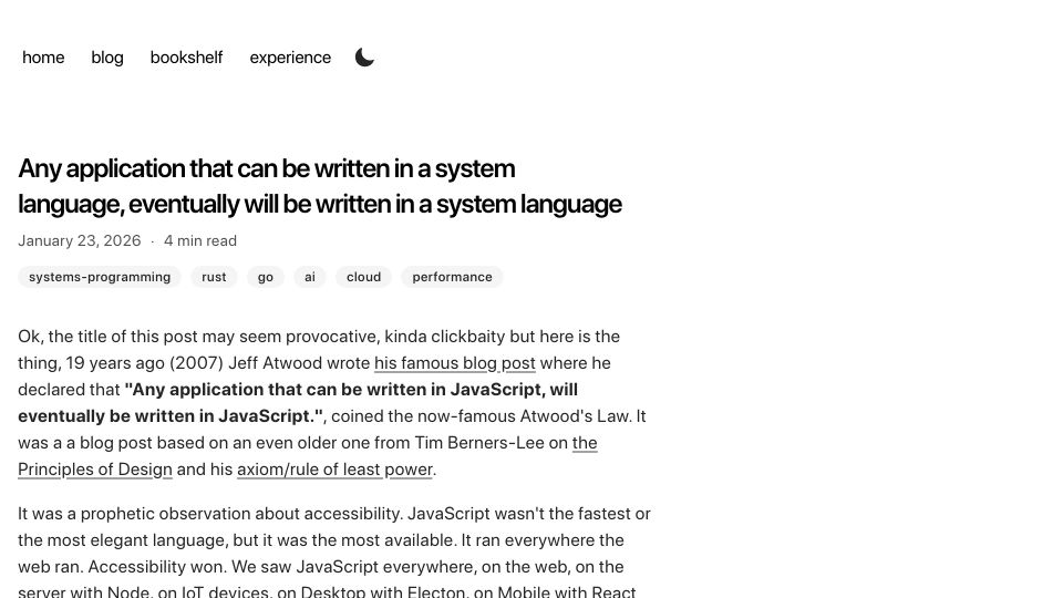 Screenshot of avraam.dev: Any application that can be written in a system language, eventually will be