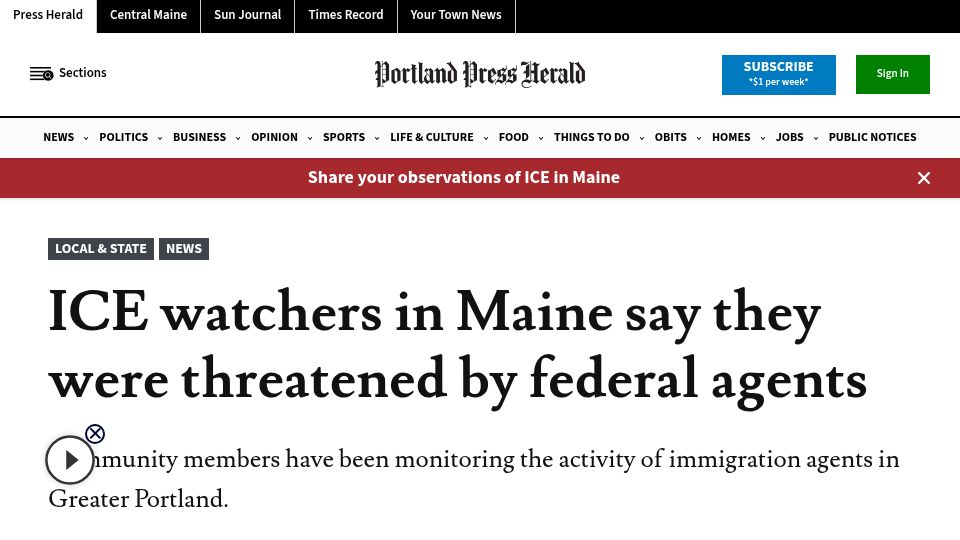 Screenshot of pressherald.com: ICE watchers in Maine say they were threatened by federal agents