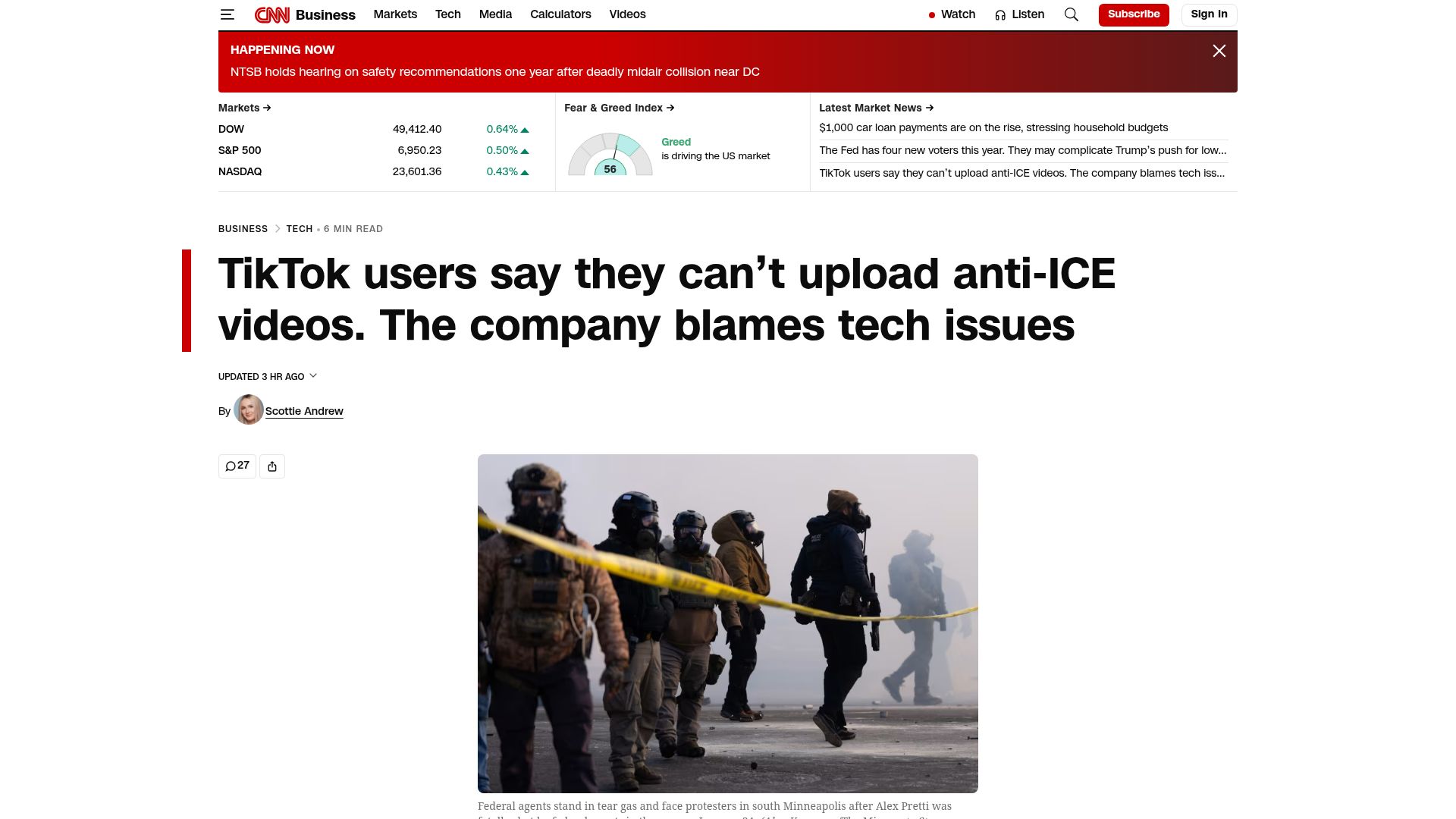 Screenshot of cnn.com: TikTok users can't upload anti-ICE videos. The company blames tech issues