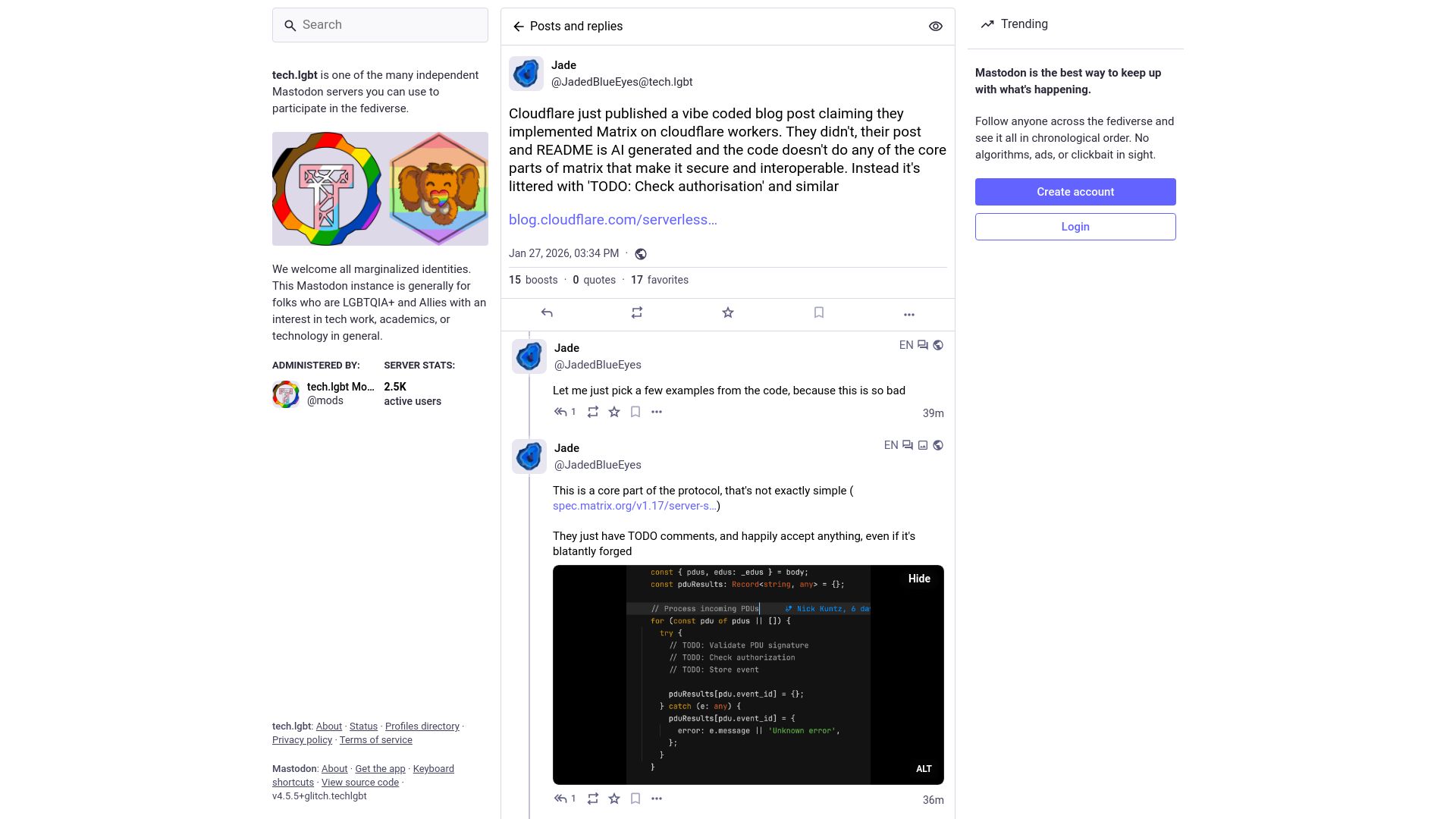 Screenshot of tech.lgbt: Cloudflare claimed they implemented Matrix on Cloudflare workers. They didn't