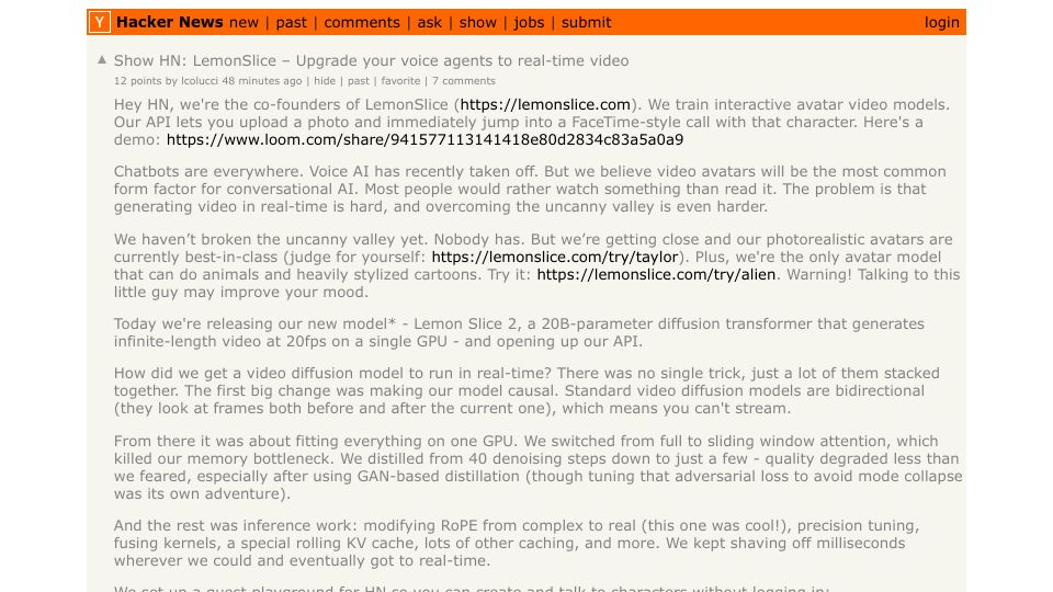 Screenshot of Hacker News post: Show HN: LemonSlice – Upgrade your voice agents to real-time video