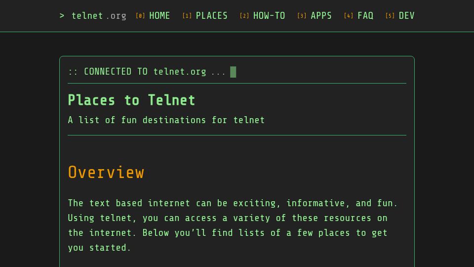 Screenshot of telnet.org: A list of fun destinations for telnet