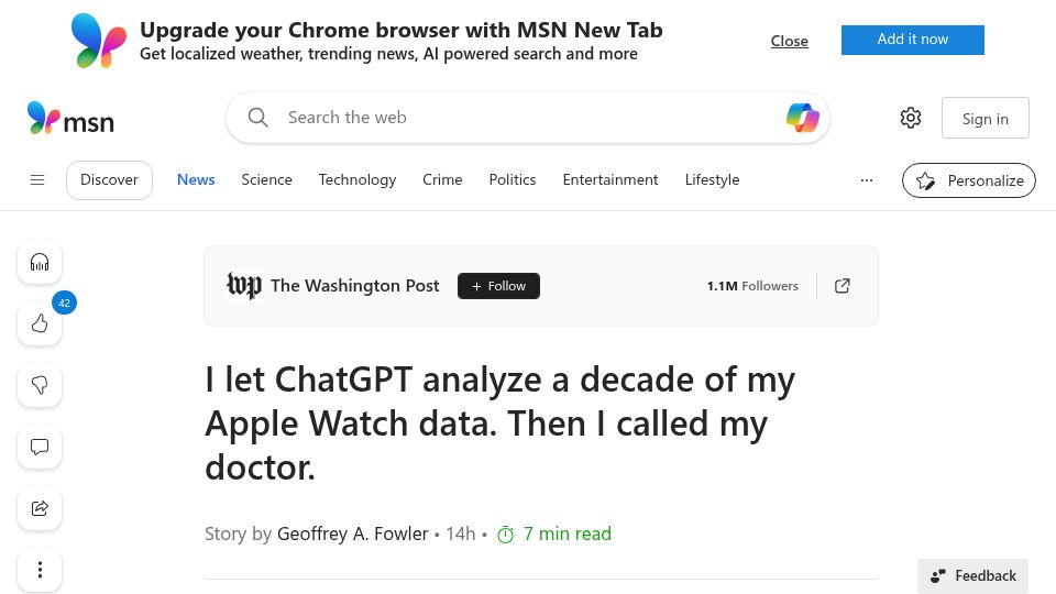 Screenshot of msn.com: I let ChatGPT analyze a decade of my Apple Watch data, then I called my doctor