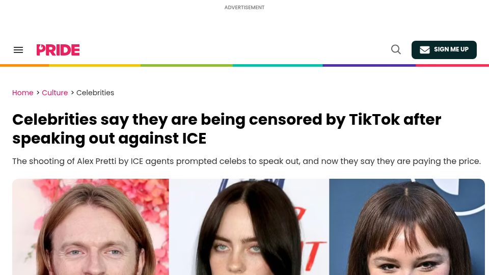 Screenshot of pride.com: Celebrities say they are being censored by TikTok after speaking out against ICE