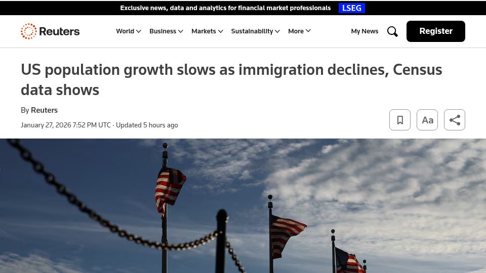 Screenshot of reuters.com: US population growth slows as immigration declines