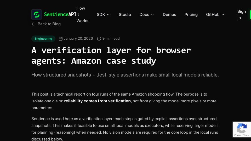 Screenshot of sentienceapi.com: A verification layer for browser agents: Amazon case study