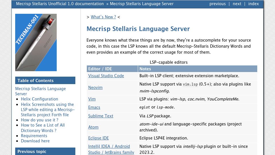 Screenshot of mecrisp-stellaris-folkdoc.sourceforge.io: I Made a MIT Licensed Mecrisp-Stellaris Language Server