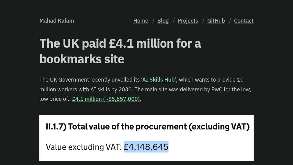 Screenshot of mahadk.com: UK Government’s ‘AI Skills Hub’ was delivered by PwC for £4.1M
