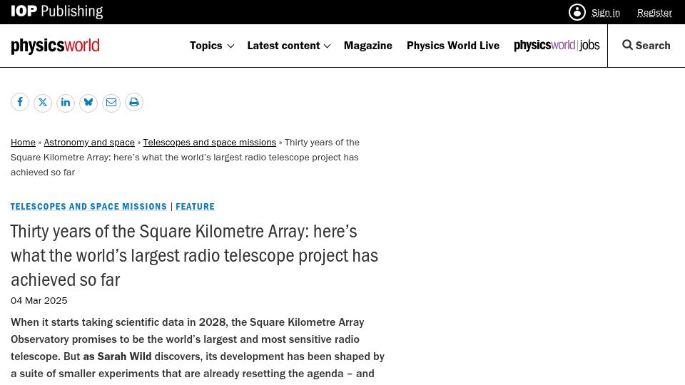 Screenshot of physicsworld.com: Thirty Years of the Square Kilometre Array