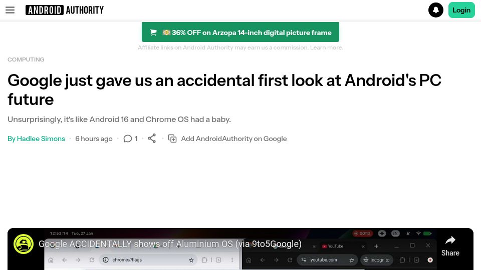 Screenshot of androidauthority.com: Google just gave us an accidental first look at Android's PC future