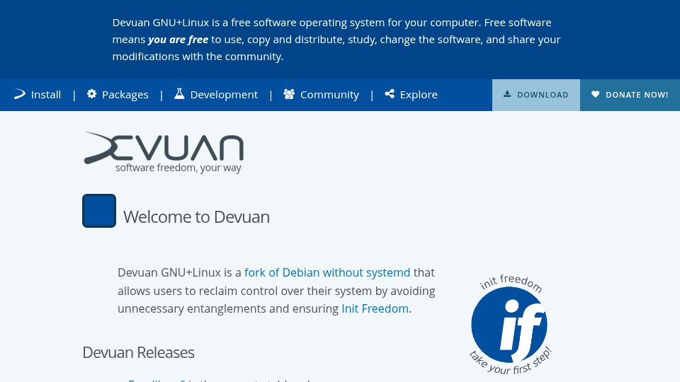 Screenshot of devuan.org: Devuan – Debian Without Systemd