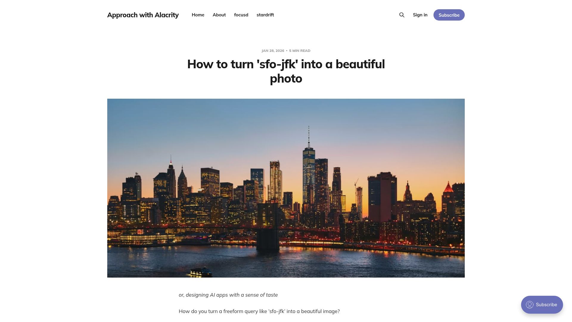 Screenshot of approachwithalacrity.com: How to turn 'sfo-jfk' into a suitable photo