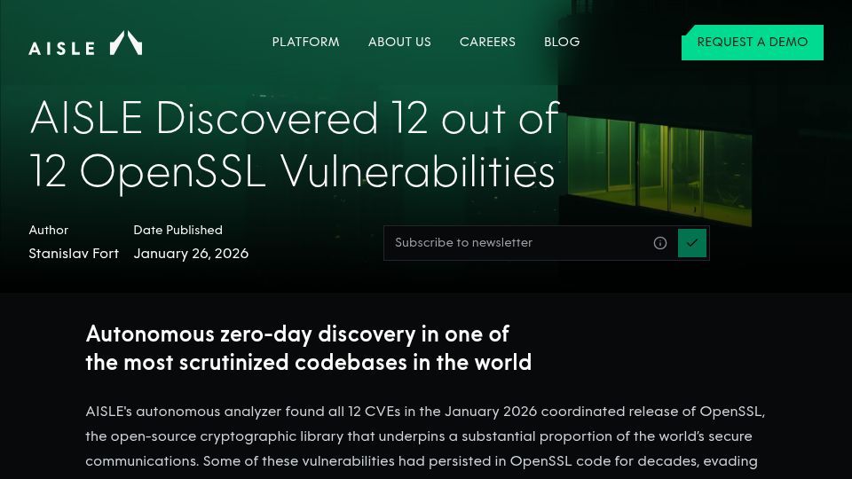 Screenshot of aisle.com: AISLE’s autonomous analyzer found all CVEs in the January OpenSSL release