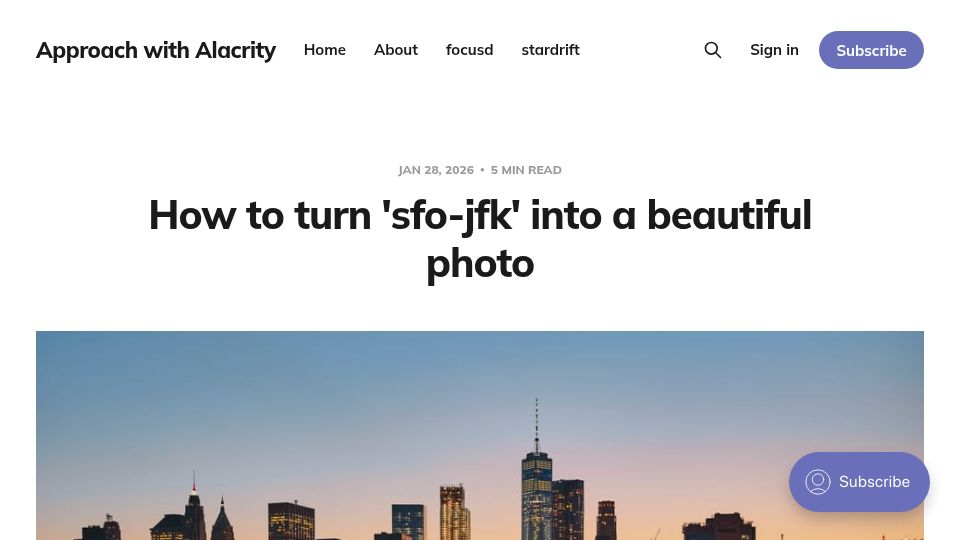 Screenshot of approachwithalacrity.com: How to turn 'sfo-jfk' into a suitable photo