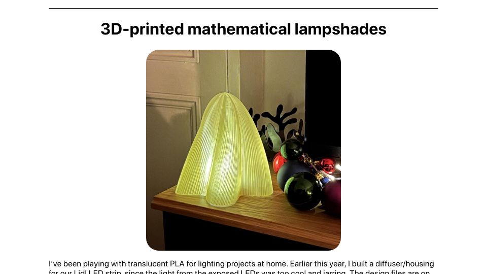 Screenshot of hessammehr.github.io: 3D-Printed Mathematical Lampshades