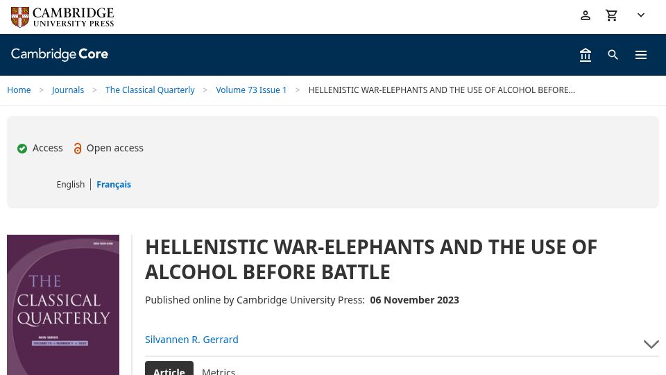 Screenshot of cambridge.org: Hellenistic War-Elephants and the Use of Alcohol Before Battle