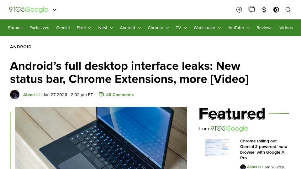 Screenshot of 9to5google.com: Android’s desktop interface leaks