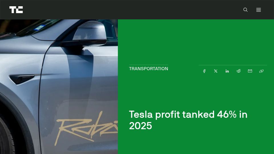 Screenshot of techcrunch.com: Tesla profit tanked 46% in 2025