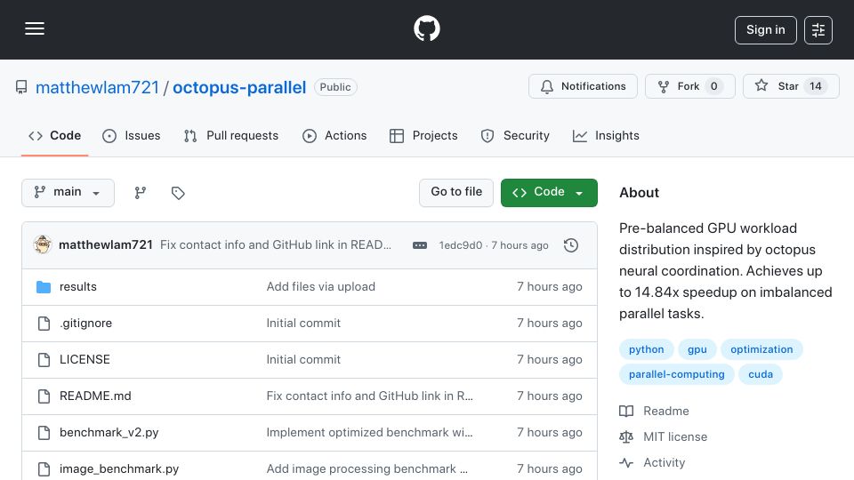 Screenshot of github.com: I got 14.84x GPU speedup by studying how octopus arms coordinate